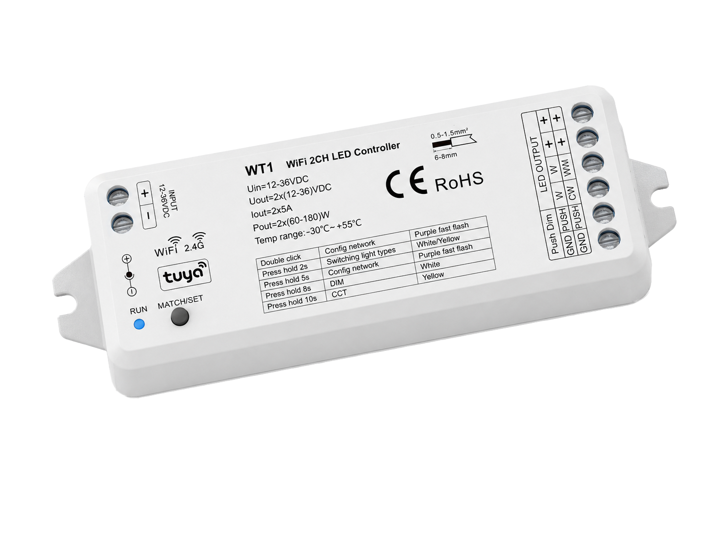 WiFi a RF LED ovladač WT1 s DC konektorem a tlačítkem párování